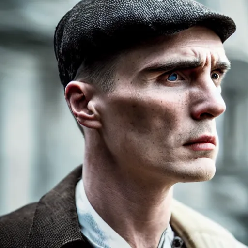 Image similar to thomas shelby wearing dark armor, portrait shot, cinematic, sharp focus, extreme detail, lighting, epic