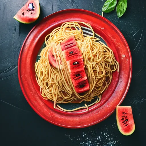 Prompt: spaghetti [ topped with chopped watermelon ]!!, trending on unsplash, [ 4 k photorealism ]!!, professional photography, [ overhead view ]!, shot by jimmy nelson