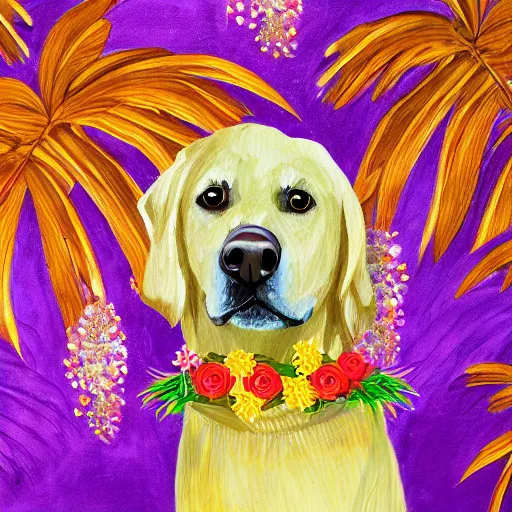 Prompt: anthropomorphic golden labrador dog wearing a flower lei sitting in tropical palm tree background detailed painting 4 k