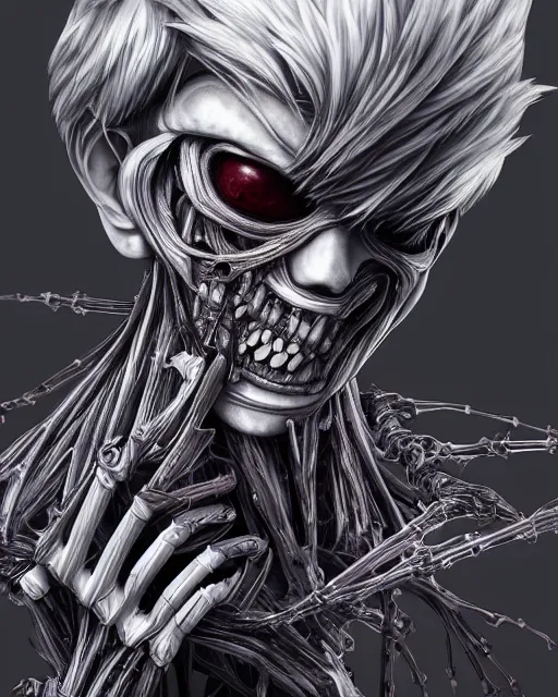 Image similar to ken kaneki by yoshitaka amano, by hr giger, biomechanical, 4 k, hyper detailed, hyperrealism, anime