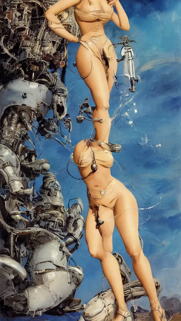 Image similar to A mixed media portrait painting of a beautiful blonde brunette woman exploring an alien planet, very curvy, aesthetic! high-waisted white-bikini-armor and boots, holding raygun, aesthetic symmetrical face and eyes, model, Scandinavian, wet, discarded mechsuit in background, by Frank Frazetta, Boris Vallejo, Beeple, Greg Rutkowski, Christian MacNevin, eighties-pinup style, epic fantasy character art, high fantasy, CGsociety, exquisite detail, post-processing, masterpiece, cinematic