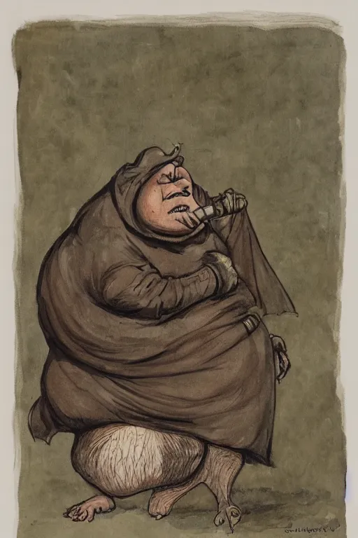 Prompt: a obese gray sniveling rat person wearing a decaying brown cloak, color painting by john blanche