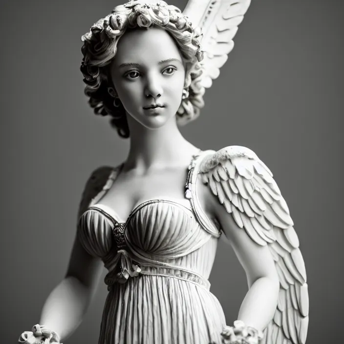 Prompt: photograph of a real-life beautiful female angel with ornate white dress . Extremely detailed. 8k