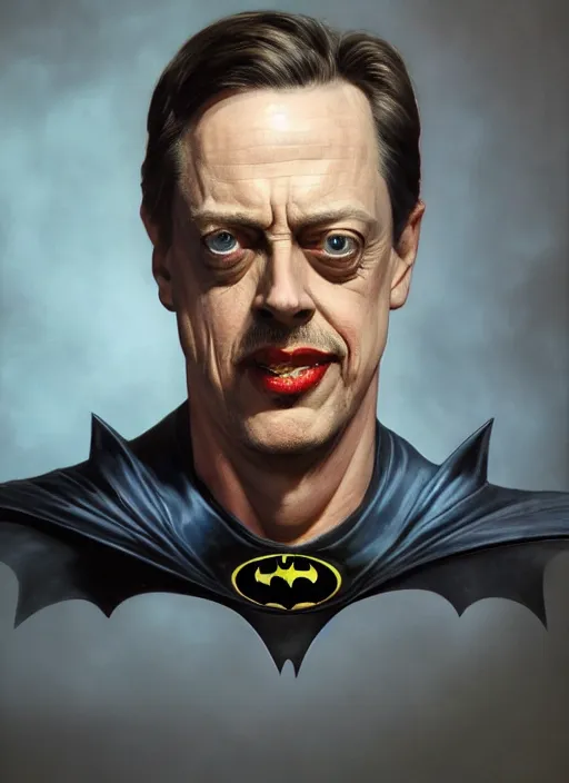 Prompt: steve buscemi as batman, in clouds, portrait by greg hildebrandt, studio lighting, muted colors, by terry richardson, by frank frazetta, extreme detail, reflections, trending on artstation, 8 k