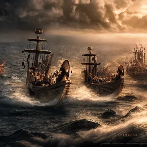 Image similar to An Epic viking sea battle, realistic 4k octane beautifully detailed render, 4k post-processing, highly detailed, intricate complexity, epic composition, magical atmosphere, cinematic lighting, masterpiece, ultra hd