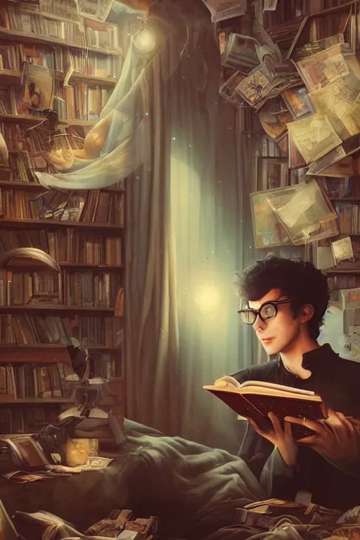 Image similar to magic nerdy guy reading a book in a cluttered messy bedroom, artgerm, tom bagshaw, gerald brom, vaporwave, vaporwave colors, perfect face, detailed face, symmetrical face,