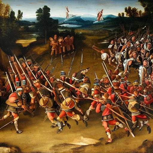 Image similar to a renaissance painting of a line of pikemen moving into battle, taken from the front.