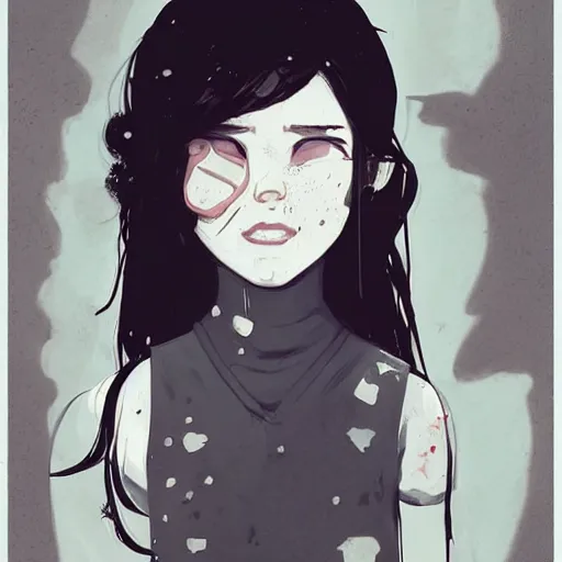 Image similar to Highly detailed portrait of a moody sullen punk zombie young lady with freckles by Atey Ghailan, by Loish, by Bryan Lee O'Malley, by Cliff Chiang, by Goro Fujita, by Greg Tocchini, inspired by ((image comics)), inspired by nier:automata, inspired by graphic novel cover art !!!cyan, brown, black, yellow and white color scheme ((grafitti tag brick wall background))