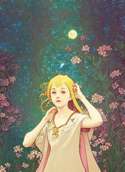 Image similar to a girl staring at the stars in her backyard, path traced, highly detailed, high quality, digital painting, by studio ghibli and alphonse mucha, leesha hannigan, hidari, art nouveau, chiho aoshima, posuka demizu