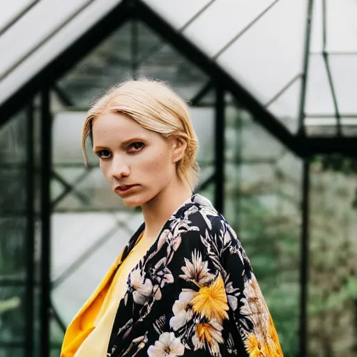 Prompt: head to shoulder portrait film photograph of an elegant top model blond woman wearing a yellow kimono with a very detailed barn owl on her shoulder!!! in a tropical greenhouse. looking at the camera!!. super resolution. 85 mm f1.8 lens.bokeh. graflex. by Alessio albi !