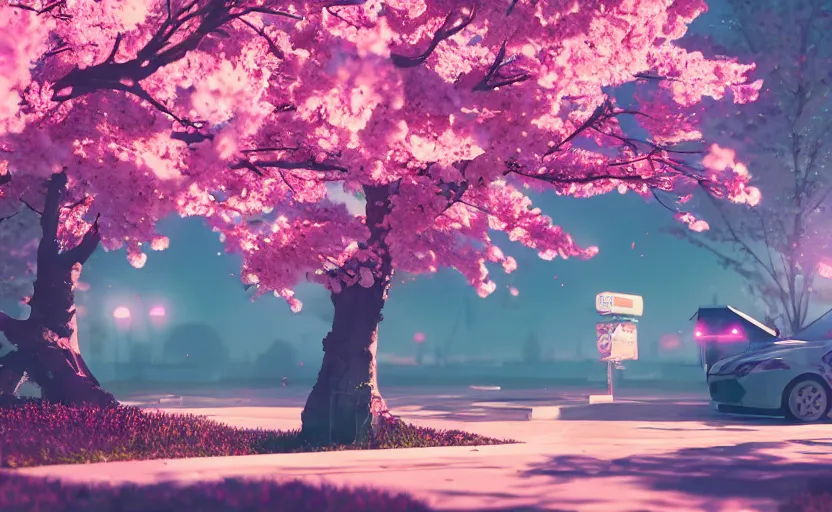 Image similar to cherry blossoms, Low level, rendered by Beeple, Makoto Shinkai, syd meade, simon stålenhag, synthwave style, digital art, unreal engine, WLOP, trending on artstation, 4K UHD image, octane render,