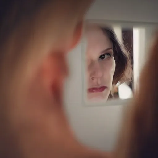 Prompt: a woman looking in the mirror