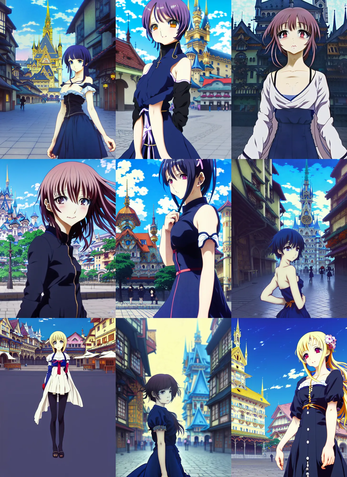 Prompt: anime frames, anime visual, full body portrait of a young woman in the medieval city square looking at the fantasy palace in the distance, cute face by ilya kuvshinov, alphonse mucha, dynamic pose, dynamic perspective, rounded eyes, moody, psycho pass, kyoani, gustav klimt, yoh yoshinari. dark blue tint