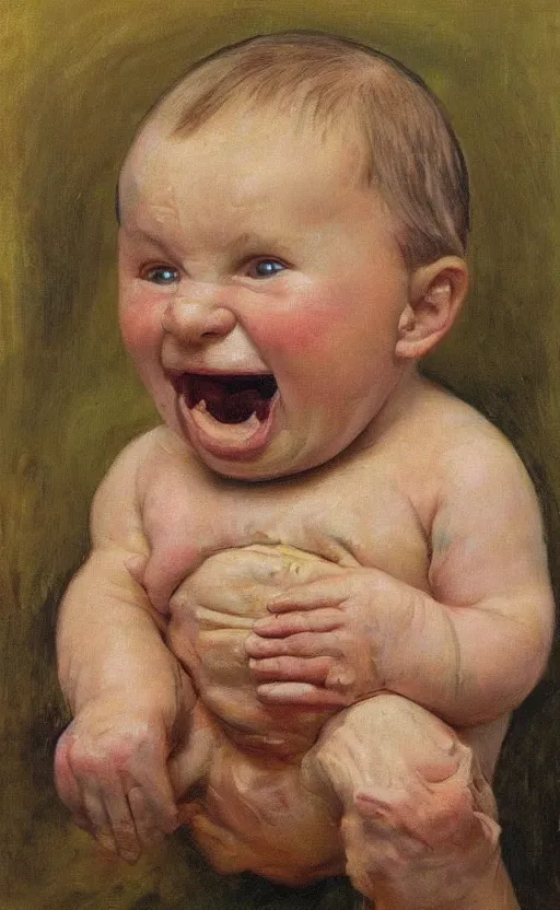 Prompt: Putin as a baby eating used up diapers covered in brown substance, Putin portrait, face of fear, ugly body painted by Lucian Freud, Ilya Repin