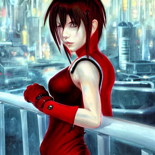 Image similar to oil painted portrait of tifa lockhart from from final fantasy 7 in her signature red dress with the steam punk city midgard as backdrop, by master artist yoshitaka amano trending on artstation