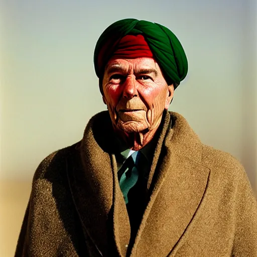 Image similar to portrait of president ronald reagan as afghan man, green eyes and red turban looking intently, photograph by steve mccurry