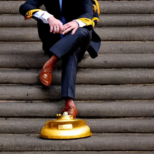 Image similar to emmanuel macron is sitting on the golden toilet, his trousers is down on his feet, detailed photography, 5 0 mm lens,