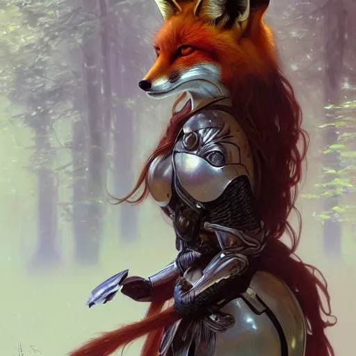 Prompt: photo of a humanoid female fox were a heroic dress an armour in the forest, long hair, highly detailed, digital painting, artstation, smooth, sharp focus, illustration, art by artgerm and greg rutkowski and alphonse mucha