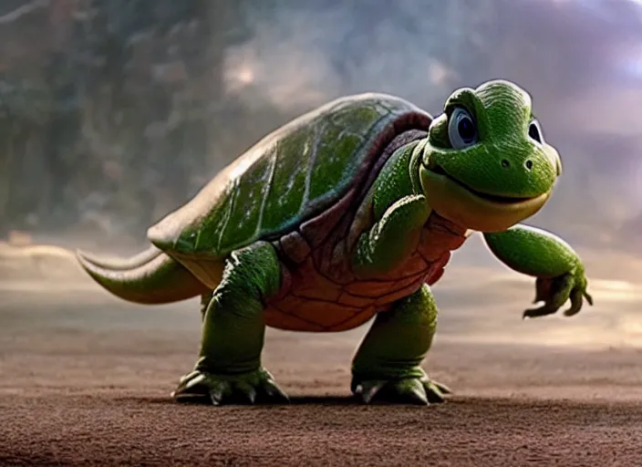 Image similar to film still of yoshi in the new sci - fi movie, cute upright standing upright upright dinosaur standing on its hind legs with a small turtle shell and long tongue, 8 k