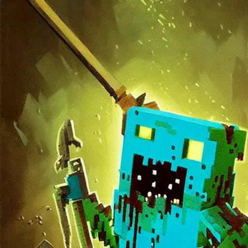 Image similar to painting by greg rutkowski of a minecraft drowned zombie with glowing cyan eyes, wearing ragged clothing and and algae growing on it, holding a trident, underwater