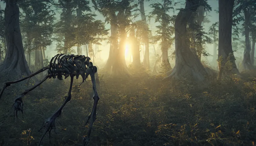 Image similar to hyper realistic highly detailed nature photography of skeleton zombies, prehistoric planet, volumetric lighting, octane render, 4 k resolution, golden hour