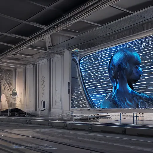 Image similar to sci-fi wall structure on the coronation of napoleon painting and photogrammetry point cloud digital billboard in the middle, unreal engine 5, keyshot, octane, artstation trending, ultra high detail, ultra realistic, cinematic, 8k, 16k, in style of zaha hadid, in style of nanospace Michael Menzelincev, lighting in style of the Blade Runner 2049, in plastic, dark, tilt shift,