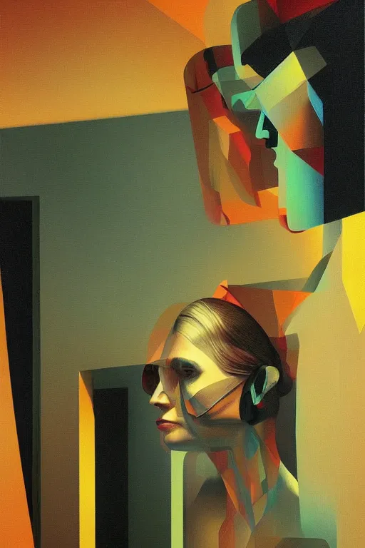 Image similar to woman wearing oculus and digital glitch head edward hopper and james gilleard, zdzislaw beksisnski, higly detailed