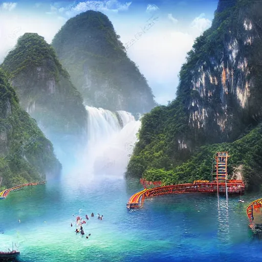 Prompt: wulingyuan halong bay mountains waterpark china vietnam waterslides painting by brain froud, charles vess, cinematic lighting, epic composition, highly detailed