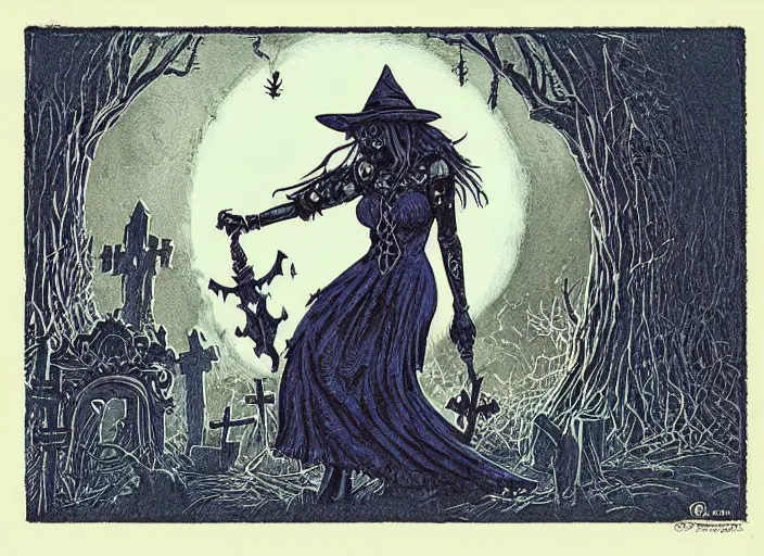 Prompt: blue woodcut print, cartoon halloween witch in graveyard at midnight by greg rutkowski, fine details, highly detailed