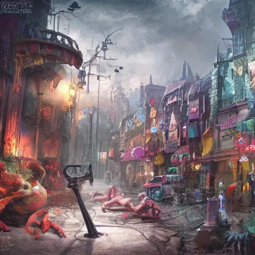 Image similar to Fantasy Toy Store Horror, Fantasy Hyper detailed digital matte painting, concept art, hyperrealism, Cinema 4D, 8k resolution, 64 megapixels, coherent, bokeh, CGSociety, ZBrush Central, behance HD, hypermaximalist, a masterpiece, 4K