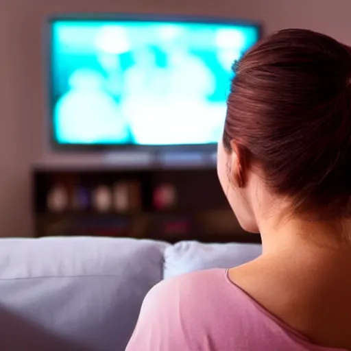Image similar to Over the shoulder shot of a woman watching tv at night. The T.V. is illuminating a disturbing grey figure.
