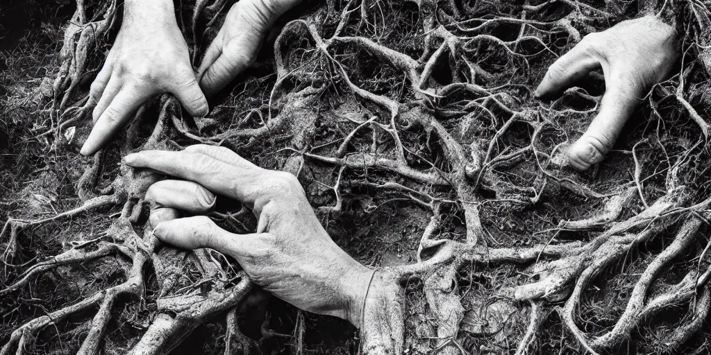 Image similar to ego perspective photography of own hands, rotting, getting overgrown by roots, forest, dolomites, alpine, detailed intricate insanely detailed octane render, 8k artistic 1920s photography, photorealistic, black and white, chiaroscuro, hd, by David Cronenberg, Raphael, Caravaggio