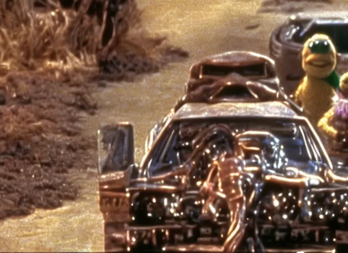 Prompt: scene from the 1981 science fiction film Muppet Mad Max 2