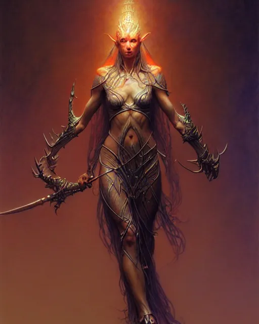 Image similar to a beautiful elven berserker, full body, stuning 3 d render, masterpiece, glowing aura, by donato giancola and greg rutkowski and wayne barlow and zdzisław beksinski, realistic face