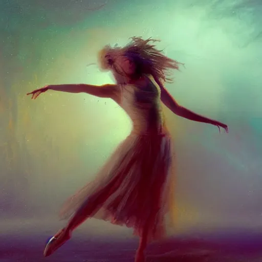 Prompt: a dancer made of wet clay, motion blur, cinematic light, thomas kinkade style painting, beautiful dreamy lighting,