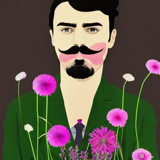 Image similar to portrait of a man with a moustache standing in front of flowers, tumblr contest winner, aestheticism, masculine, aesthetic, ilya kuvshinov