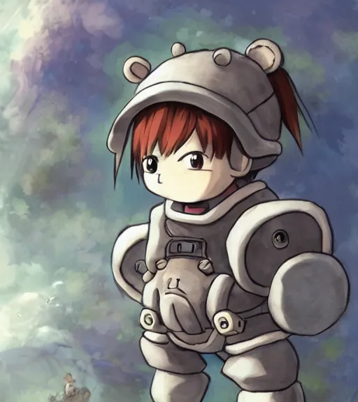 Image similar to attractive little boy wearing an cyborg bear suit, artwork in kentaro miura and made in abyss, inspired in inazuma eleven, smooth, beautiful lightness, anatomically correct, trending on pixiv, perfect composition