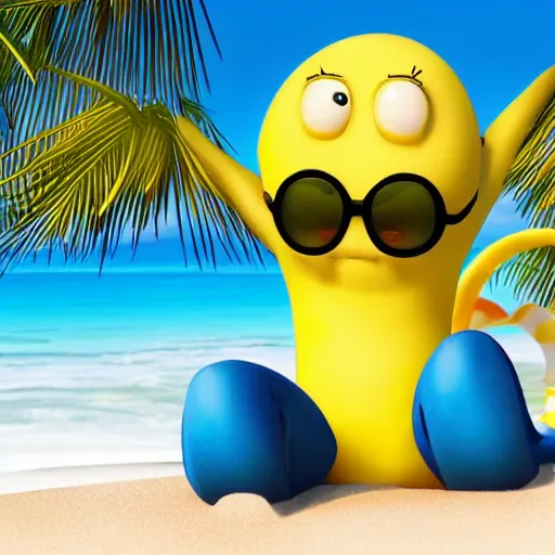 Image similar to happy lemon animated character enjoying relaxing sunny beach