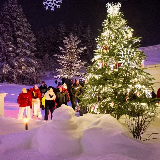 Prompt: a nostalgic christmas night with a christmas tree half - covered with snow and people celebrating with candles near pool