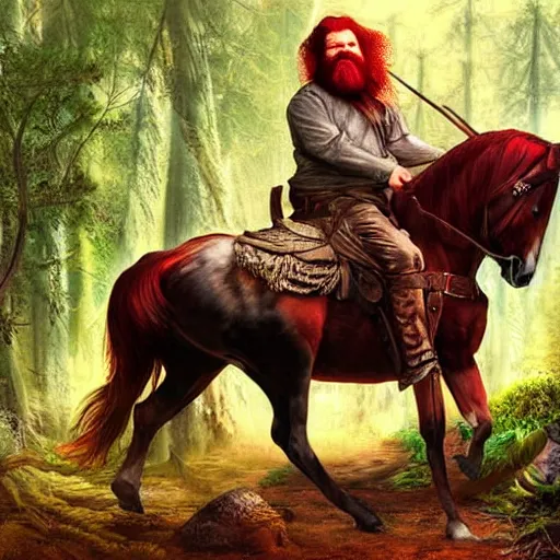 Prompt: a half - man, half - horse with a big red beard in a forest fantasy art, highly detailed