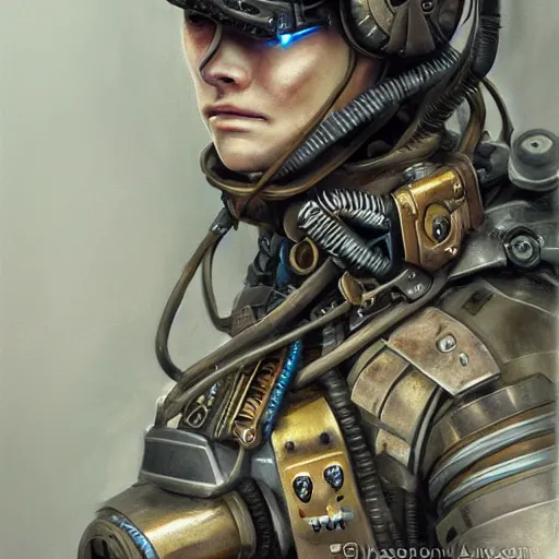 Image similar to portrait painting of a steampunk cyborg soldier transhumanism, ultra realistic, concept art, studio ghibli, intricate details, eerie highly detailed