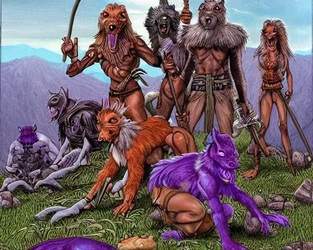 Image similar to Fantasy illustration by Larry Elmore - The pack of kobolds is crouched in a circle. They are snivelling canid humanoids, with scales of rust, and they carry spears. Their leader, a matronly female with numerous tattoos, kneels in the center of the circle and gathers the pulsing purple moss. She has a spear, but it lies across her lap.