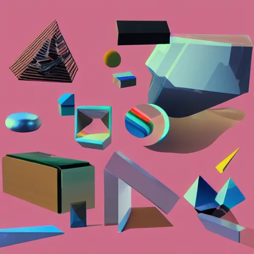 Image similar to a collage of different shapes and sizes of objects, a 3D render by Bedwyr Williams, behance contest winner, crystal cubism, vaporwave, synthwave, y2k aesthetic