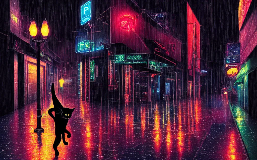 Image similar to black cat running through heavy rain in an emprty neon lit street at night by wlop, ultra detailed color art, high detail, digital art