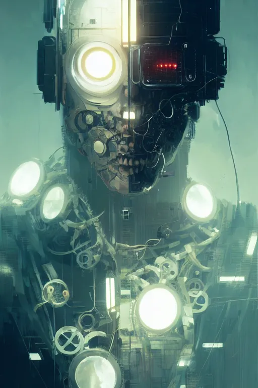 Image similar to cyborg removing its human mask revealing wires and gears behind its fragile looking face, white mask, futuristic, y2k aesthetic, dramatic lighting, illustration by Greg rutkowski, yoji shinkawa, 4k, digital art, concept art, trending on artstation