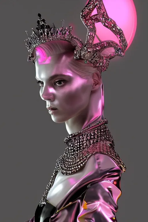 Image similar to hyper detailed ultra sharp portrait of baroque and bladerunner delicate glowing diamond sculpture of seductive muscular albino young spanish king, pink diamond black metallic sphinx iridescent humanoid deity wearing black cloak holding a prismatic gem, glowing pink face, crown of white diamonds, cinematic lighting, photorealistic, octane render 8 k depth of field 3 d