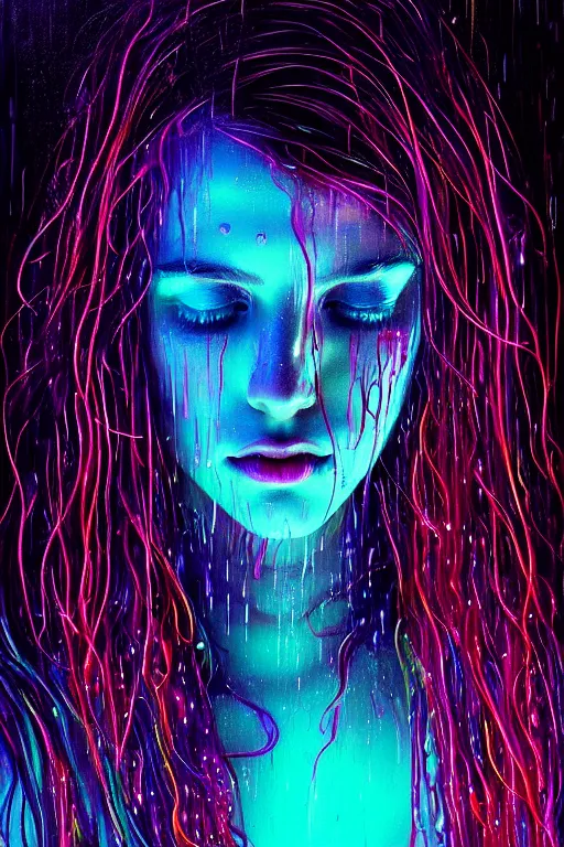 Image similar to portrait of a girl in the glowing neon rain with wet hair and face, fantasy, intricate, elegant, dramatic lighting, emotionally evoking symbolic metaphor, highly detailed, lifelike, photorealistic, digital painting, artstation, concept art, smooth, sharp focus, illustration, art by John Collier and Albert Aublet and Krenz Cushart and Artem Demura and Alphonse Mucha