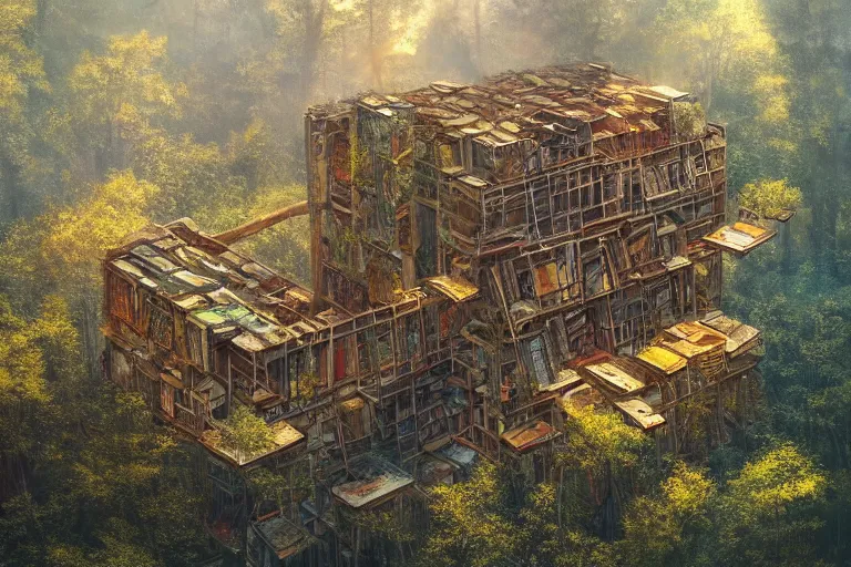 Prompt: aerial view of abandoned library in the forest, exposed books on wooden shelves, overgrown, volumetric light, golden hour, digital concept art, artstation, cgnation, photoshop, incredible artwork by gerald brom + bruce pennington + keith parkinson + tom white