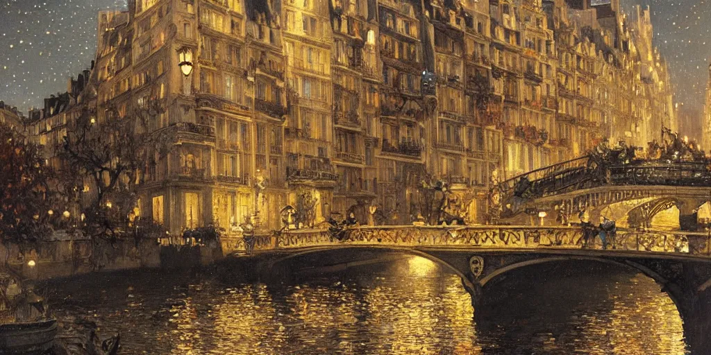 Prompt: a view from the amstel river in paris at night with the sky full of stars, intricate, elegant, highly detailed, digital painting, artstation, concept art, smooth, sharp focus, colored illustration for tattoo, art by krenz cushart and artem demura and alphonse mucha