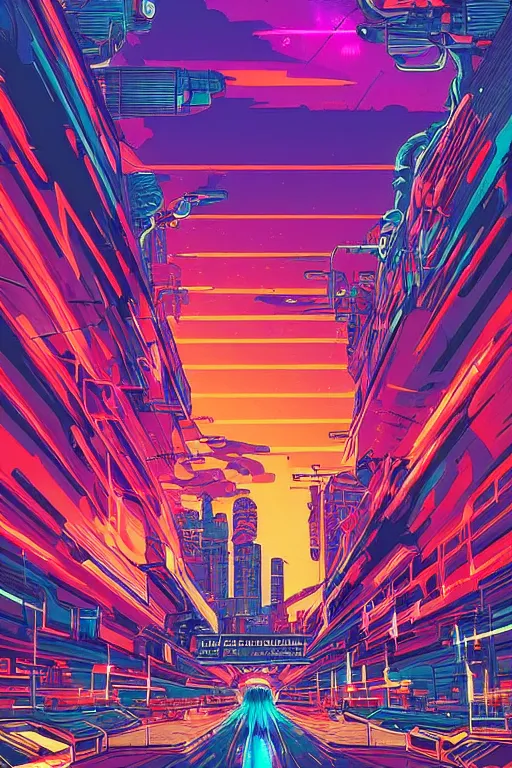 Image similar to thunders in the sky in a future cybernetic city, outrun style and colours, trending on arstation, by dan mumford, by ross tran